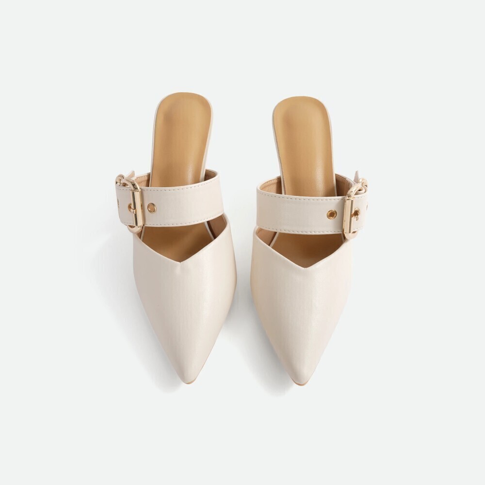 Cream Faux Leather Pointed Toe Buckle Strap Mule Flats